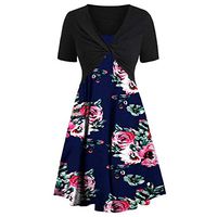 Womens Floral Print Midi Dresses Sleeves Bow Knot Bandage Suit Summer Casual Cover Up Vintage Straps Mini A-Line Tshirt Dress Loose Swing Flowy Pleated Floral Sun Dress