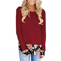 Beihxwe Women Vintage Elegant Floral Patchwork Casual Blouse Long Sleeve Crew Neck T-Shirt Tops Sweatshirt (XL, Wine Red)