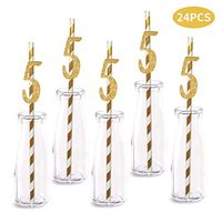 5th Birthday Paper Straw Decor, 24-Pack Real Gold Glitter Cut-Out Numbers Happy 5 Years Party Decorative Straws