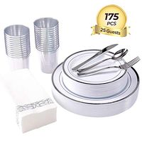 175 Piece Silver Dinnerware Set 25 Guest-50 Silver Rim Plastic Plates-25 Silver Plastic Silverware-25 Silver Plastic Cups-25 Linen Like Silver Paper Napkins, FOCUS LINE Disposable Dinnerware Set