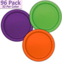 96 Paper Dinner Plates (9") - Lime Green, Deep Purple, Orange - 32 Per Color, 3 Colors - Great Assortment for Birthday Parties, Weddings, Holidays, Baby Shower, Celebrations, and more