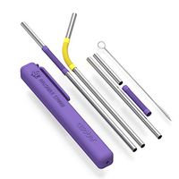 Asobu Reusable Metal and Silicone Flexible Straw with Cleaning Brush and Case (Purple/Yellow)