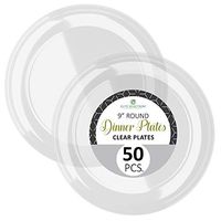 Disposable Clear Plastic Plates - 50 Pack Hard Round 9” Plate for Dinner, Salad, Dessert - Elegant Design for Wedding, Birthday, Party - by Elite Selection