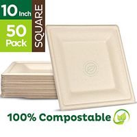100% Compostable Square Paper Plates [10 inch - 50-Pack] Elegant Disposable Dinner Plates Heavy-Duty Quality, Natural Bagasse Unbleached Eco-Friendly Made of Sugar Cane Fibers, 10" Biodegradable Plate