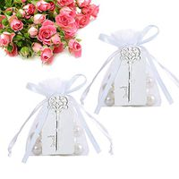 AmaJOY 50pcs Wedding Favor Silver Skeleton Bottle Opener with Card Tag and Sheer Bag for Wedding Party Favors