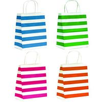 36-Count Stripes Kraft Bags - Premium Paper Bags with Handles, Biodegradable & Sturdy, Food Safe Shopping Bag, Gift Bag (Neon, 36 Ct Medium)