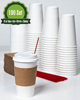 Safeware 16 oz [ 100 Set] Togo Disposable White Paper Coffee Cups with Lids, Sleeves, and Stirrers | Hot Beverages | Expresso | Tea | Coffee | Latte | Hot Chocolate