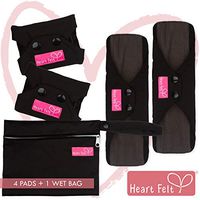 Sanitary Reusable Cloth Menstrual Pads by Heart Felt. Black 4 Pack Washable Natural Organic Napkins with Charcoal Absorbency Layer. Overnight Long Panty Liners Comfort Support and Incontinence Wet Bag