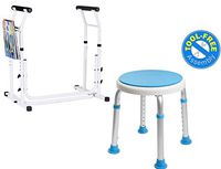 Vaunn Medical Bathroom Safety Bundle - Adjustable Toilet Rail and Rotating Shower Tub Stool