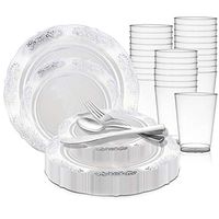 Disposable Plastic Dinnerware Wedding Value Set for 120 Guests - Includes Round Clear with Silver Dinner Plates, Dessert/Salad Plates, Silver Cutlery Set & Cups For Birthday Party & Other Occasions