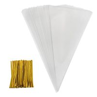 Outus 100 Piece Medium Transparent Cone Bags Clear Cello Bags Sweets Treat Bags with 100 Piece Twist Ties, 11.8 by 6.3 Inch (Gold Twist Ties)