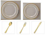250 Pieces Plastic WHITE w/GOLD Band China Plates and Gold Silverware Combo for 50 people