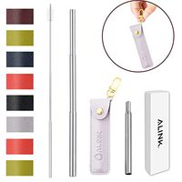 ALINK Reusable Collapsible Straws, Telescopic Stainless Steel Portable Metal Drinking Straw with Travel Case & Cleaning Brush for 12oz/20oz/30oz Cups- Pink