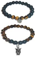 Hidden Hollow Beads Charm Tigers Eye and Black Lava Natural Stone Women's Yoga Beaded Stretch Bracelet Set. Comes in A Gift Box! (Owl)