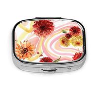 Square Pill Box,Medicine Case,Compact Two Compartment,Watercolor with Red and Yellow Gerberas and Chrysanthemum,Drug Organizer Holder Pocket Or Walle
