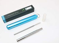 Reusable Straws - Metal Straws with Case - Collapsible Straw with Cleaning Brush - Portable Drinking Straw with Travel Keychain Case - Retractable Stainless Steel Straw (Blue Case, Silver Straw)