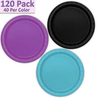 120 Paper Dessert Plates (7") - Black, Pretty Purple, Aqua - 40 Per Color, 3 Colors - Great Assortment for Birthday Parties, Weddings, Holidays, Baby Shower, Celebrations, and more