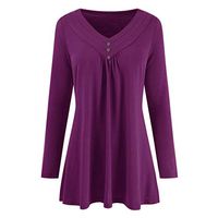 Meikosks Women's V Neck Button Tops Long Sleeve Solid Blouses Loose Plus Size Pullover T Shirt Purple