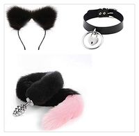 Carinloing 3Pcs Newest Fur Cat Ear Hair Band Headband and Fluffy Plush Stainless Steel Faux Fox Tail with Love Bell Punk Necklace Set (Black and Pink)