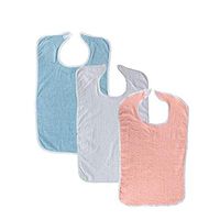 6 Pack Terry Adult Bib with Hook and Loop Fastener (Blue, White, Pink)