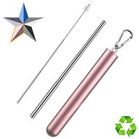 Telescopic Reusable Straws, Portable Stainless Steel Metal Drinking Straw Collapsible Reusable Straw with Case, Cleaning Brush and Keychain, BPA Free FDA Approved, Pink