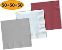 150 Beverage Napkins, Shimmering Silver, Bright White, Burgundy - 50 Each Color. 2 Ply Paper Cocktail Napkins. 5" folded, 10" unfolded.
