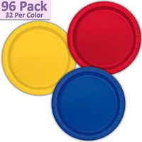 96 Paper Dinner Plates (9") - Red, Sunshine Yellow, Royal Blue - 32 Per Color, 3 Colors - Great Assortment for Birthday Parties, Weddings, Holidays, Baby Shower, Celebrations, and more