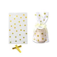 100 Pack Clear Cello Bags with Candy Cookie Bags 10 x 6 x 2.5 inch Clear Plastic Treat Bags Gold Polka Dot Candy Bags for Cookie Candy Snack Wrapping Party Favor with Gold Twist Ties