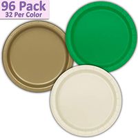 96 Paper Dinner Plates (9") - Emerald Green, Gold, Ivory - 32 Per Color, 3 Colors - Great Assortment for Birthday Parties, Weddings, Holidays, Baby Shower, Celebrations, and more