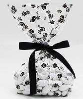 Dog Paw Prints Cellophane Treat Party Favor Bags with Grosgrain Ribbon Ties. Pack of 12 Large Goodie Gift Bags for Kids, Boys or Girls Birthday Parties, Baby Shower Celebrations. Black and Clear