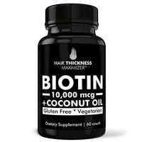 Biotin 10000mcg Vitamins with Organic Coconut Oil by Hair Thickness Maximizer. Hair Growth Vitamin Supplement for Men, Women. Made in USA. Combats Hair Loss and Thinning Hair. Vegetarian, Zero Gluten