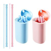 Rnker Reusable Silicone Collapsible Straws - 2 Pack Portable Drinking Straw with Carrying Case and Cleaning Brush for Cold Beverage, Coffee and Smoothie (Blue Pink)