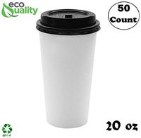 Extra Large 20oz White Paper Coffee Cups with Black Lids - (50 Count) by EcoQuality - Disposable Paper Coffee Cups - Hot Drink, Tea, Coffee, Cappuccino, Hot Chocolate, Chai, Chai Latte, Office, Travel