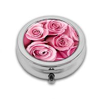 Pill Box,Pink Rose Pill Organizer with 3 Compartments Silver 2.1 Inches Portable Vitamin Pill Case for Pocket Purse