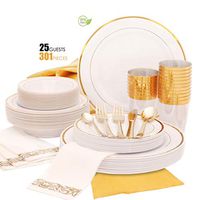 Earth's Dreams 301 Piece Gold Dinnerware Set Disposable 25 Guest, Gold Rim Plastic Plates for Parties, Disposable Wedding Plates+Bowls+Napkins+Cutlery+Cups+Table Runner