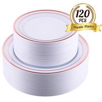 FOCUS LINE 120 pcs Plastic Party Plates White Rose Gold Rim, Disposable Heavey Weight Plates for Wedding, 60 Heavy Duty 10.25 Inch Dinner Plates and 60 Disposable 7.5 Inch Dessert Plates