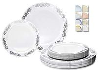 " OCCASIONS" 120 Plates Pack,(60 Guests) Vintage Wedding Party Disposable Plastic Plates Set -60 x 10.25'' Dinner + 60 x 7.5'' Salad/Dessert Plate, (Portofino White/Silver)