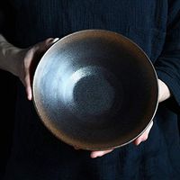 ZSQAI Retro Matte Black Ceramic Noodle Bowl Creative Deep Bowl Household Western Salad Bowl Soup Bowl