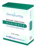 Simpurity Alginate Wound Dressing First Aid with Antimicrobial Silver, 2" x 2", Box of 10 – Calcium Alginate Dressing