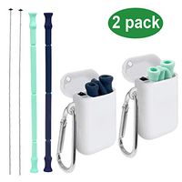 Senneny 2 Pack Collapsible Reusable Silicone Straws Food-Grade Folding Drinking Straws Keychain Portable Set with Carrying Case & Cleaning Brush- Blue & Green