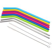 Reusable Stainless Steel Metal Straws and Silicone Drinking Straws for 20/30 oz Tumblers Yeti/Rtic/Ozaek, 10 inch Bendy Flexible Straws with Cleaning Brushes set of 10
