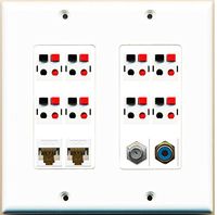 RiteAV - (2 Gang Decorative Coax 2 Cat6 White RCA Blue 8 Speaker Jack Wall Plate White