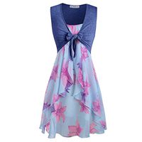 Womens Floral Print Midi Dresses Sleeveless Bow Knot Front Bandage Suit Summer Casual Cardigan Tops Straps Mini A-Line Tshirt Dress Loose Swing Flowy Pleated Floral Sun Dress