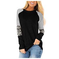 ◆ HebeTop ◆ Women Striped Lepord Patch Baseball Long Sleeve T-Shirt Plus Size Tee Top Shirt Korean Casual Basic Clothes Black