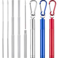 3 Pieces Portable Stainless Steel Straw Set Telescopic Metal Drinking Straws Reusable Straw with Cleaning Brush, Stainless Steel Carrying Case and Keychain (Silver Straw, Silver Blue Red)