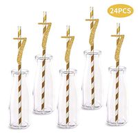 7th Birthday Paper Straw Decor, 24-Pack Real Gold Glitter Cut-Out Numbers Happy 7 Years Party Decorative Straws