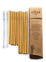Elixr360 •10 Eco-Friendly Organic Reusable Bamboo Drinking Straws • 2 Natural Sizes • 5-8" & 5-10" with 2 Cleaning Brushes • Bonus 2 Free Custom Bags • Alternative to Plastic • Biodegradable BPA Free