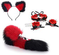 Role Play B-ü-t-t P-l-ǔ-g Stainless Steel Tail + Bowknot Collar Wristband + Plush Ears Headband Red Black -L