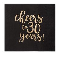Luncheon Napkins - 50-Pack 30th Birthday Cheers to 30 Years Disposable Paper Napkins, 3-Ply, Black with Gold Foil, Party Decoration Supplies, Folded 6.5 x 6.5 Inches