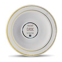 [40 Count - 5 Oz Bowls] Laura Stein Designer Tableware Premium Heavyweight Plastic White Dessert Bowl With Gold Border, Party & Wedding Plate Classic Series Disposable Dishes